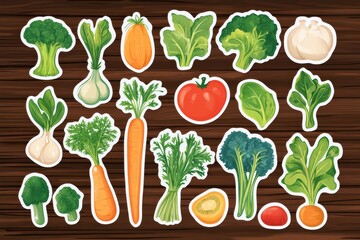 Cute vegetable sticker sheet features broccoli, carrots, spinach, and more arranged on a wooden background
