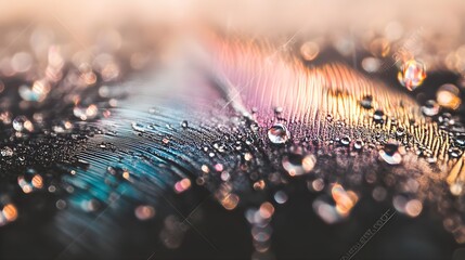 Iridescent peacock feather closeup with water droplets in nature macro photography vibrant colors