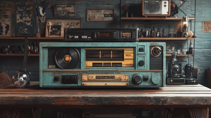 Fototapeta premium A vintage audio setup featuring an old-school cassette player, record player, and radio, set on a rustic wooden table in a retro-styled room.