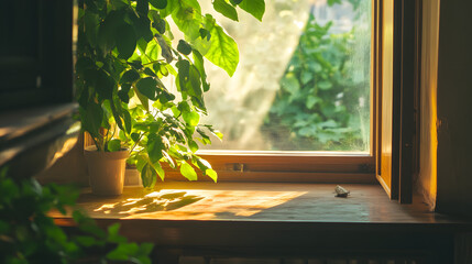 Sunlight and Basil: A vibrant basil plant thrives on a sunlit windowsill, its lush green leaves catching the warm glow of the morning sun.
