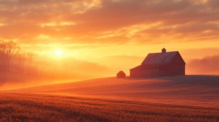 A serene landscape featuring a red barn silhouetted against a vibrant sunrise, with mist rolling over a golden field.