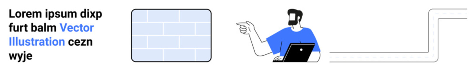 Man using laptop, pointing at data chart to explain trends or concepts. Ideal for presentations, education, remote work, training classes, analytics, infographics, flat landing page banner