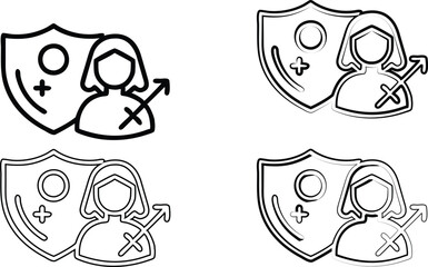 Shield icon with female silhouette, Venus symbol, line art, simple design, symmetrical composition, minimalist icons, gender equality concept, women's rights symbol, protective emblem, monochrome illu