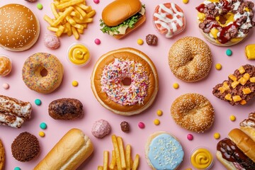 Assorted unhealthy fast food spread on pink background