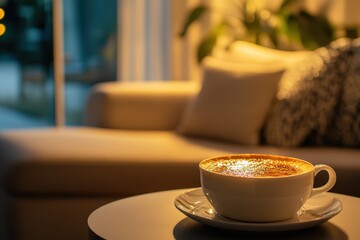 Fototapeta premium Warm latte in a cozy living room at night.