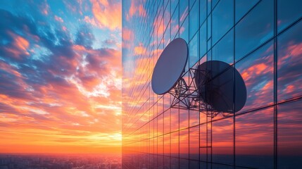 A stunning sunset reflects off a glass building, showcasing satellite dishes against a vibrant sky filled with colors.
