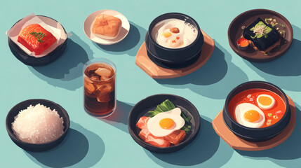 Delicious korean food set meal with rice, soup, salmon, egg, and drink illustration style image