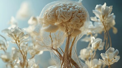 Naklejka premium Human brain anatomy with floral background