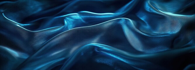 Obraz premium Vibrant abstract fabric showcases a mix of neon cyan and deep indigo waves, creating a dynamic visual effect. The texture is smooth and flowing, enhancing the colors' richness and depth