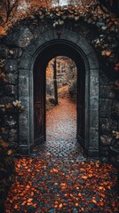 Stone archway leading to a pathway in an autumnal forest