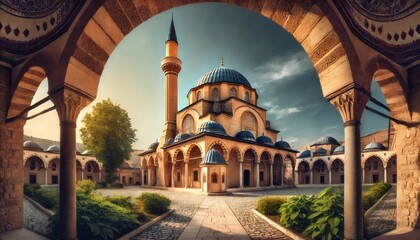 Obraz premium Majestic mosque with minaret and domes at sunrise, framed by ornate archways