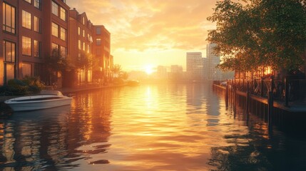 A serene waterfront scene at sunset, featuring buildings, a boat, and shimmering water reflecting golden hues.