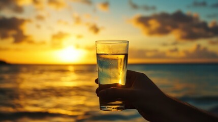 Refreshing beverage at golden hour by the beach and serene seaside backdrop