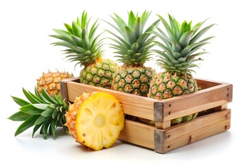 Fresh Pineapples in a Wooden Crate, Ready to Eat