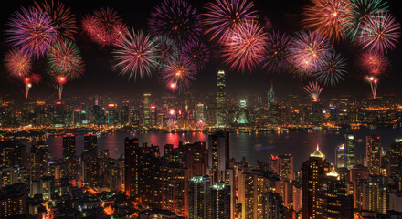 Obraz premium Night City Fireworks: Vivid fireworks erupt over a bustling cityscape, painting the night sky with vibrant bursts of color and light, creating a spectacular urban celebration.