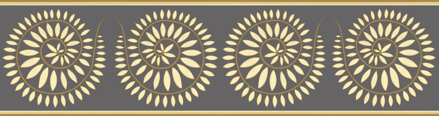 Golden and gray oil painting floral seamless border. Circle twigs with leaves on textured gray background. Ornamental design element
