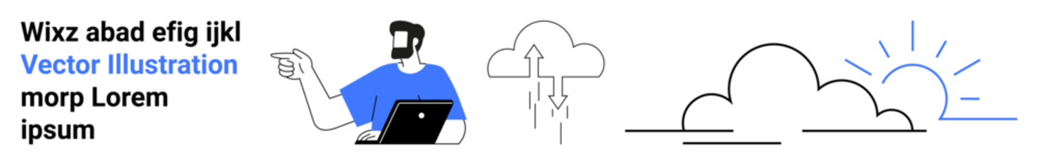 Man gestures while holding laptop, alongside visuals of a cloud, arrows, and a sunrise highlight ideas of creativity, cloud technology, and growth. Ideal for tech, environment, learning business