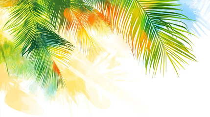 Obraz premium Vibrant tropical palm leaves frame a white background, palm leaf tree illuminated by sunlight with abstract grunge texture in orange, yellow, teal, green, blue tones, with watercolor splatters.