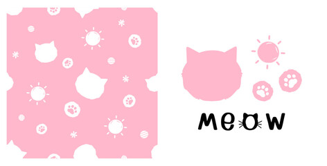 seamless pattern with cat kitten cartoons, paw print, small flower and sun on pink background vector. Cat face, foot prints and hand written fonts isolated on white background.