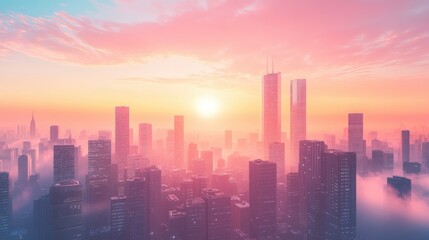 A vibrant city skyline at sunrise, featuring towering skyscrapers amidst a colorful sky and mist, creating a serene yet dynamic urban atmosphere.