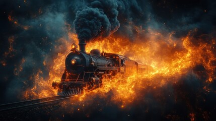 A fiery steam train powering through an inferno, enveloped in flames and smoke, creating a dramatic and intense visual impact.