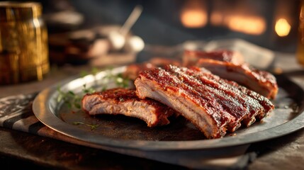 Delicious barbecue pork ribs on a vintage plate with sprigs of thyme on rustic wooden table top