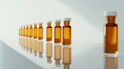 Pharmaceutical vials in a row reflecting on a pristine surface, illuminating medical progress
