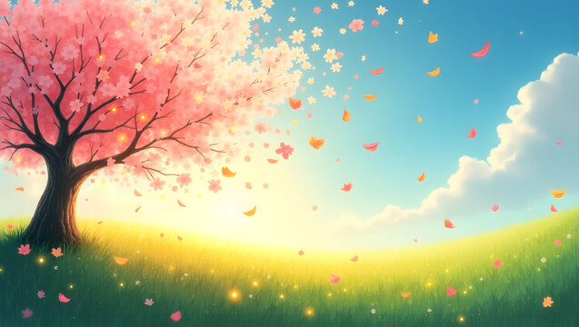 Surreal scene of the final moments of spring fading into a mystical summer, with melting flower fields blending into a dreamlike horizon under a warm golden light
