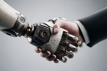 a robot shaking hands with a businessperson, concept of AI automation in business