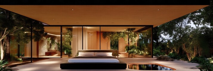 Fototapeta premium Modern Bedroom with Lush Garden Views