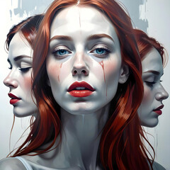 Triple Portrait: Pensive Woman with Red Hair and Tears on Light Background, illustration.