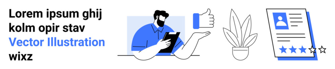 Person checking tablet, thumbs-up gesture, resume with rating stars, and potted plant. Ideal for HR, recruitment, career guidance, feedback, app design digital marketing flat landing page banner