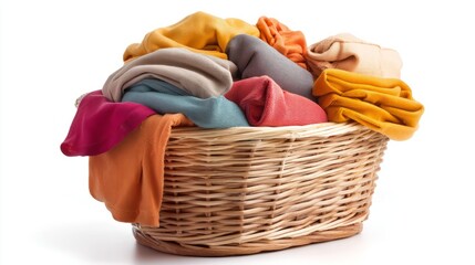 Laundry basket full of clothes washing colorful textiles home chores on white background