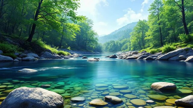 Crystal Clear River Gently Flowing Through Lush Green Forest in Natural Landscape