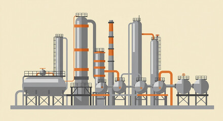 Factory, power plant, oil refinery and oil processing plant industrial object, color illustration.
