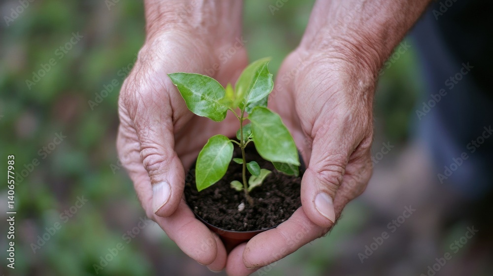 Poster hands nurture a tiny tree symbolizing growth and care in a clean, nature-filled environment