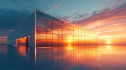 Obraz premium A modern glass building reflects a vibrant sunset, showcasing sleek architecture and an expansive landscape.
