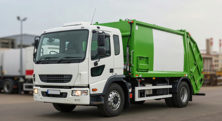 White and green garbage truck with compactor system parked on asphalt. Municipal waste collection vehicle for city cleaning services, sanitation company advertising