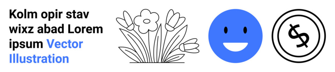 happy face icon with blue background, outlined flowers, and a dollar money sign in a circle. Ideal for nature, happiness, finance, simplicity, positivity, design abstract line flat metaphor