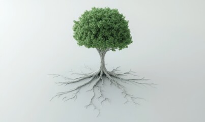 Lush tree, strong roots, white background, growth concept, environmental illustration