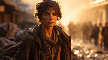 Naklejka premium A powerful and realistic image showing a young migrant worker in tattered clothing, carrying heavy sacks on their shoulders through a dusty construction site ,generative ai illustration