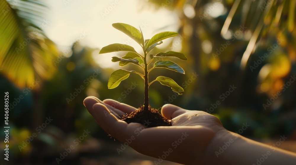 Aufkleber tiny tree nurtured in open palm symbolizes care for nature and commitment to environmental protectio