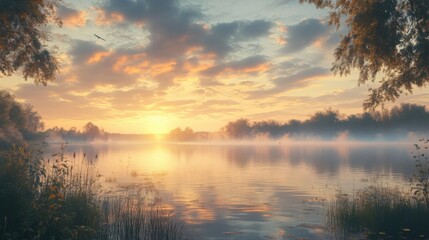 Fototapeta premium A serene lakeside view at sunrise, featuring reflective water, mist, and lush greenery under a colorful sky.