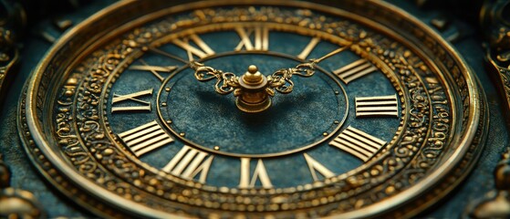 Obraz premium A closeup shows a decorative clock with gold trim and roman numerals. The dial is a mottled dark-teal