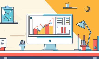 Fototapeta premium Modern Workspace with Computer Displaying Analytics and Charts Illustration