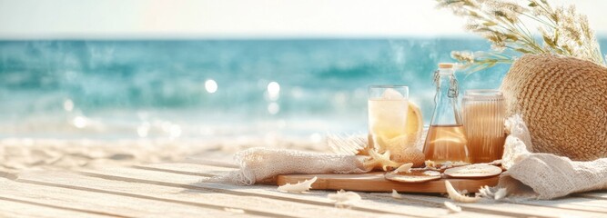 Obraz premium A cozy picnic setup by the beach showcases a wooden platter filled with refreshing drinks and snacks, accompanied by a straw hat, as soft waves lap at the shore under bright sunlight