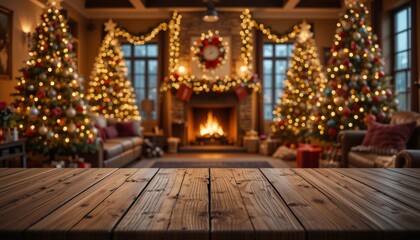 Obraz premium Empty modern wood table top on living room at christmas with a blurred background.