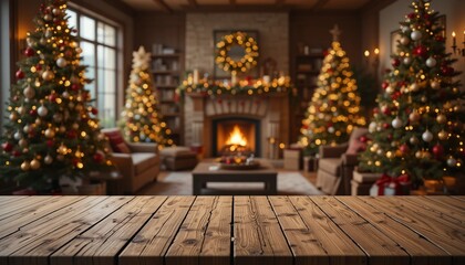 Fototapeta premium Empty modern wood table top on living room at christmas with a blurred background.