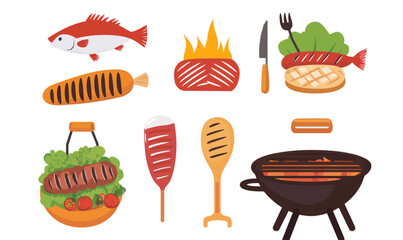 Minimalist Picnic Grill Set with Meat, Fish, and Vegetables in Flat Vector Style
