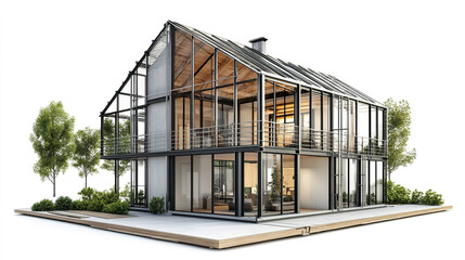 Obraz premium Modern steel frame house with glass walls and lush greenery